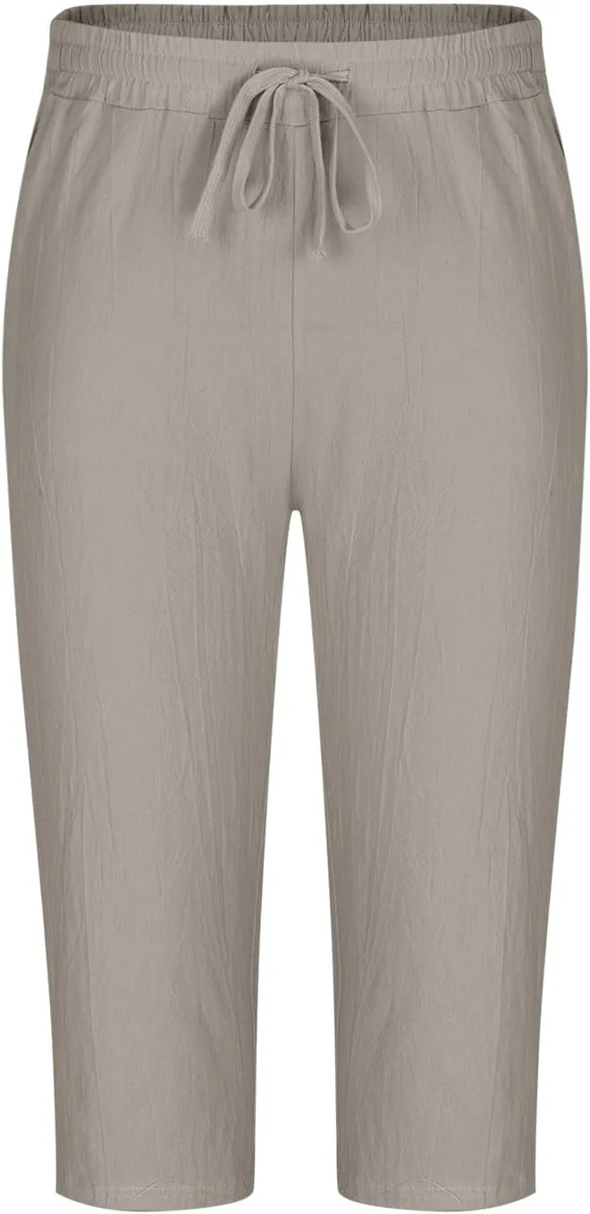 Mens Capri Pants Summer Baggy Casual Linen High Waist Drawstring Harem Pants Lightweight Solid Beach Wide Leg Capris