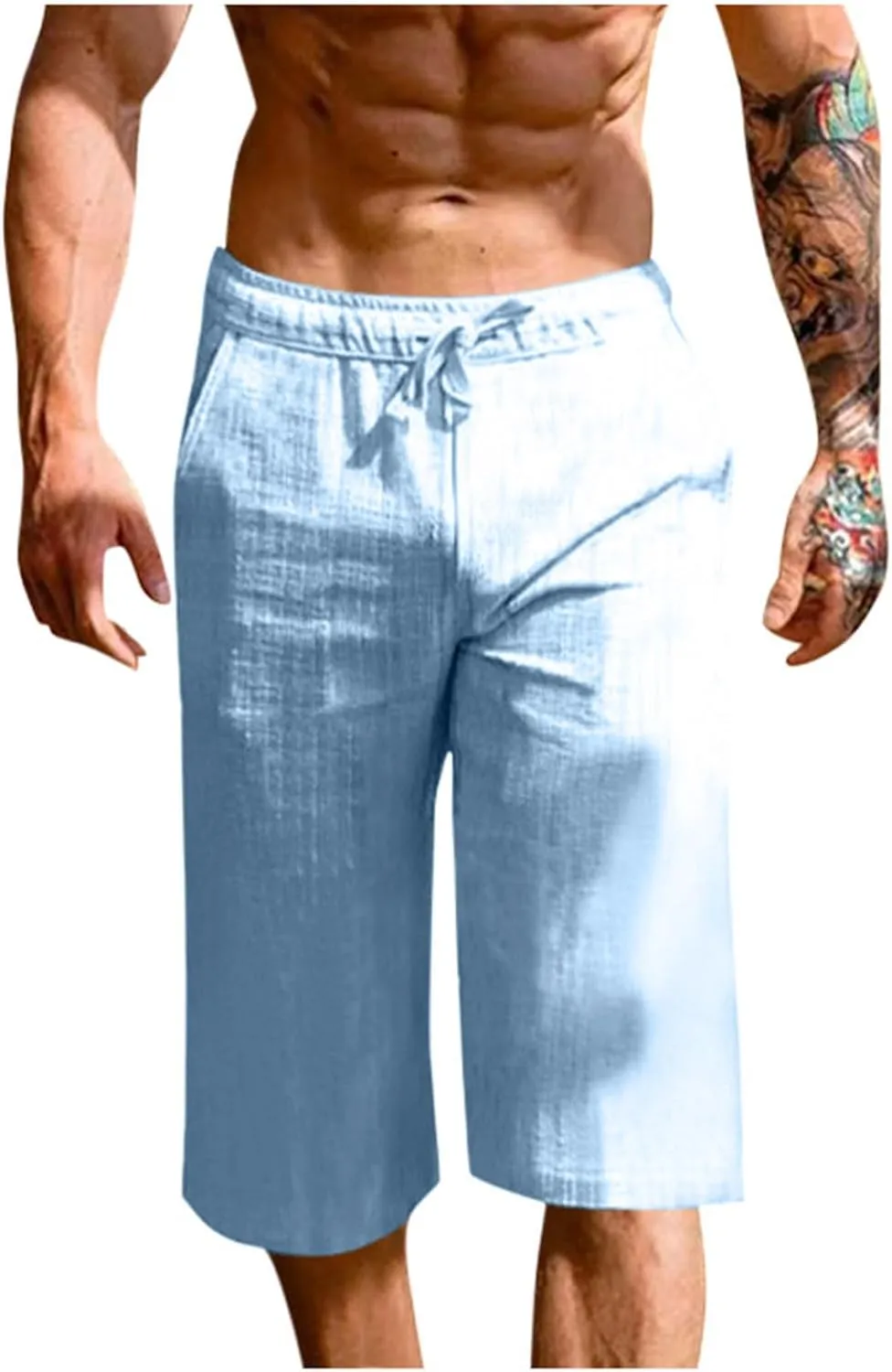 Mens Capri Pants Summer Baggy Casual Linen High Waist Drawstring Harem Pants Lightweight Solid Beach Wide Leg Capris