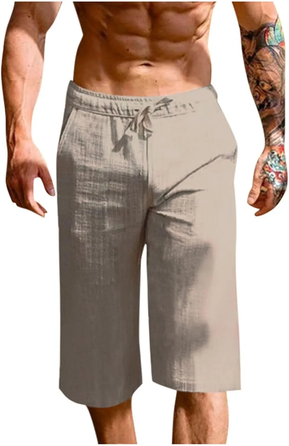 Mens Capri Pants Summer Baggy Casual Linen High Waist Drawstring Harem Pants Lightweight Solid Beach Wide Leg Capris