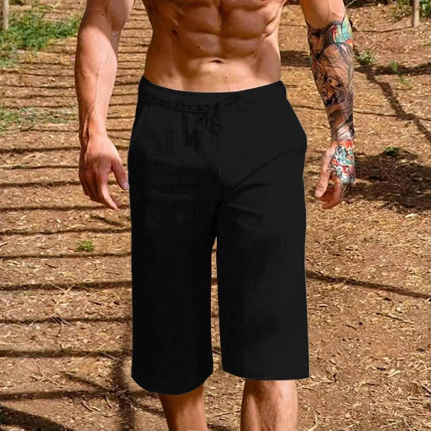 Mens Capri Pants Summer Baggy Casual Linen High Waist Drawstring Harem Pants Lightweight Solid Beach Wide Leg Capris