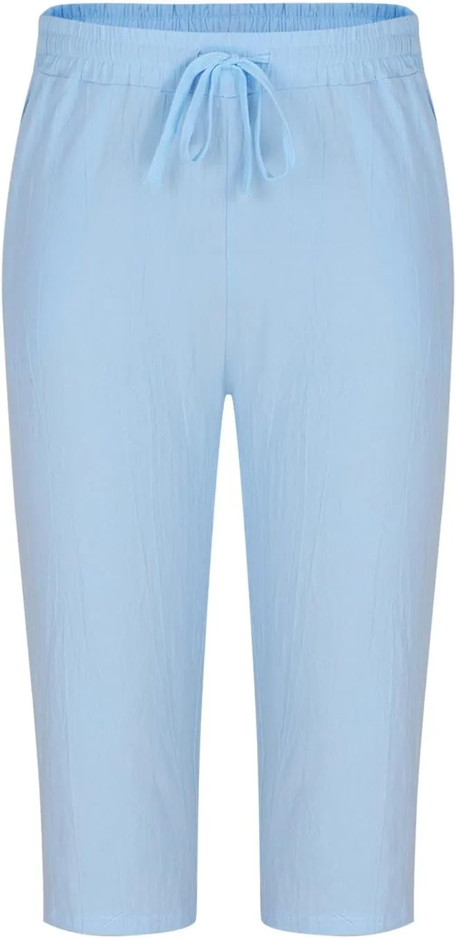 Mens Capri Pants Summer Baggy Casual Linen High Waist Drawstring Harem Pants Lightweight Solid Beach Wide Leg Capris