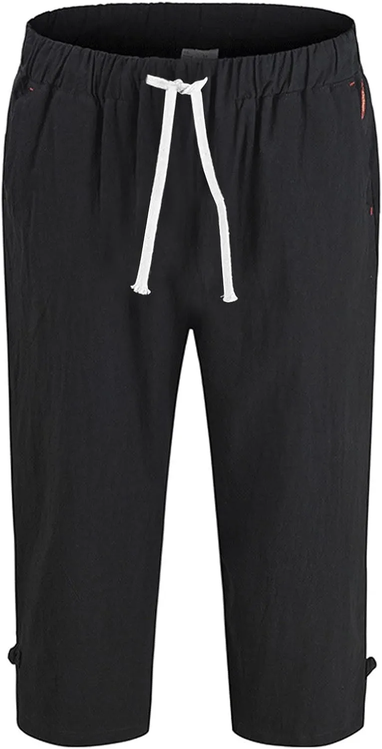 Mens Capri Pants Summer Baggy Casual Linen High Waist Drawstring Harem Pants Lightweight Solid Beach Wide Leg Capris