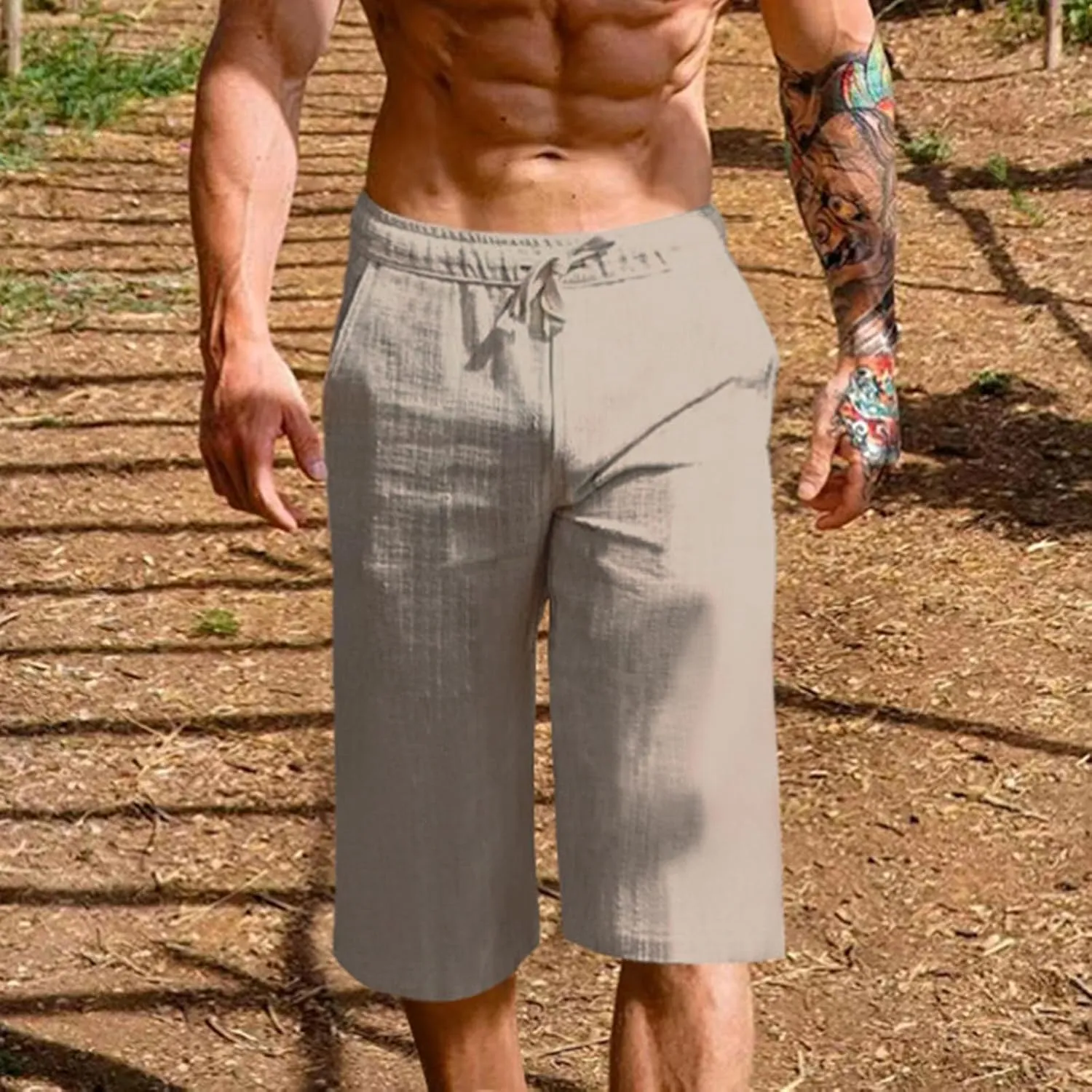 Mens Capri Pants Summer Baggy Casual Linen High Waist Drawstring Harem Pants Lightweight Solid Beach Wide Leg Capris