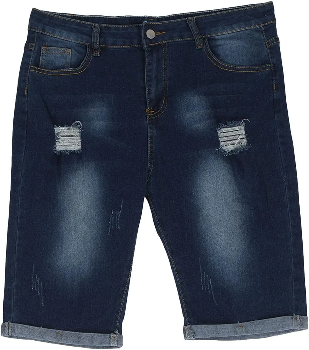 Mens Casual Denim Shorts Stretch Slim Fit Washed Distressed Rolled Ripped Jean Shorts for Men Front Zip Buttons Shorts