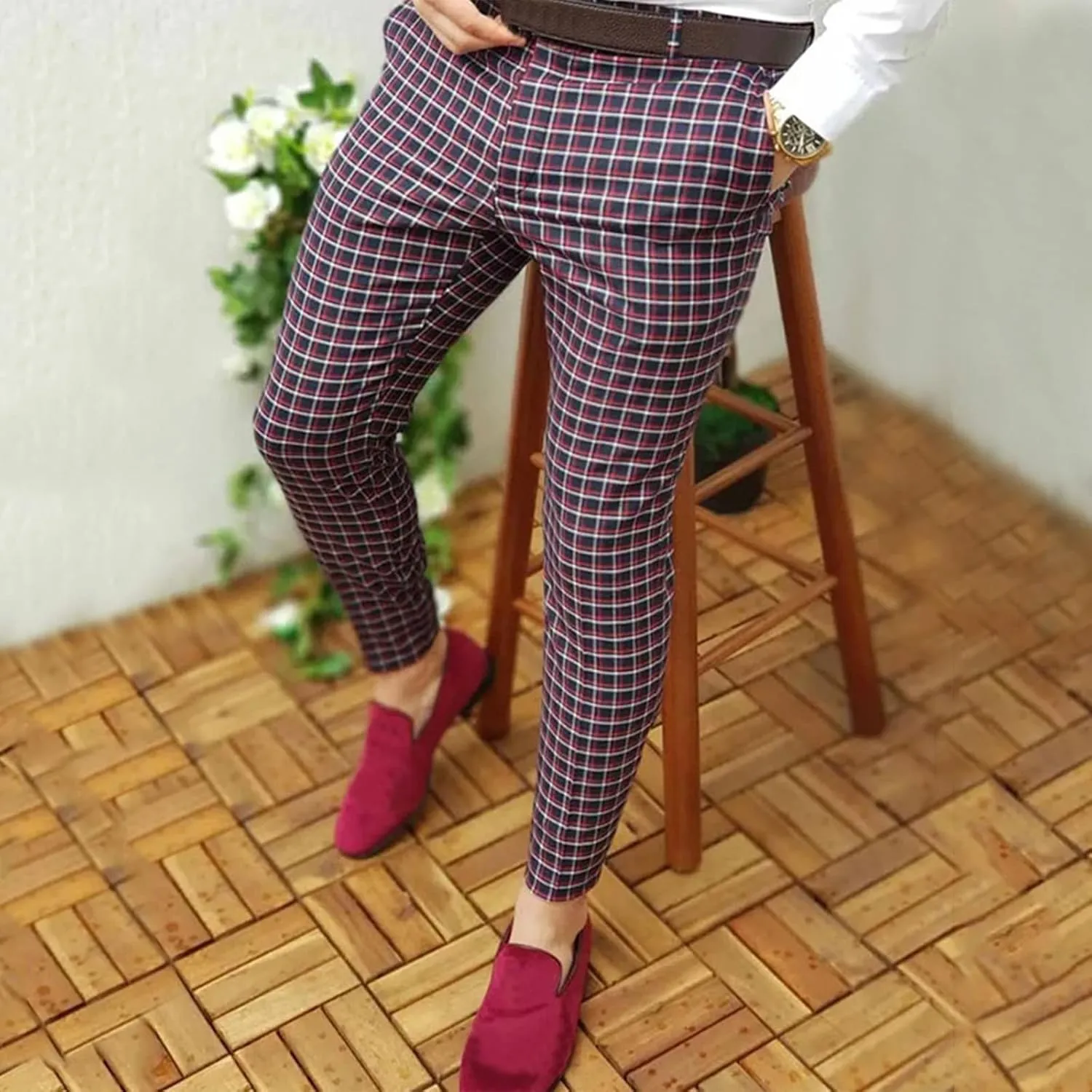 Mens Casual Plaid Pants Fashion Retro Tapered Stretch Slim Fit Business Dress Chino Pants Formal Lightweight Pants