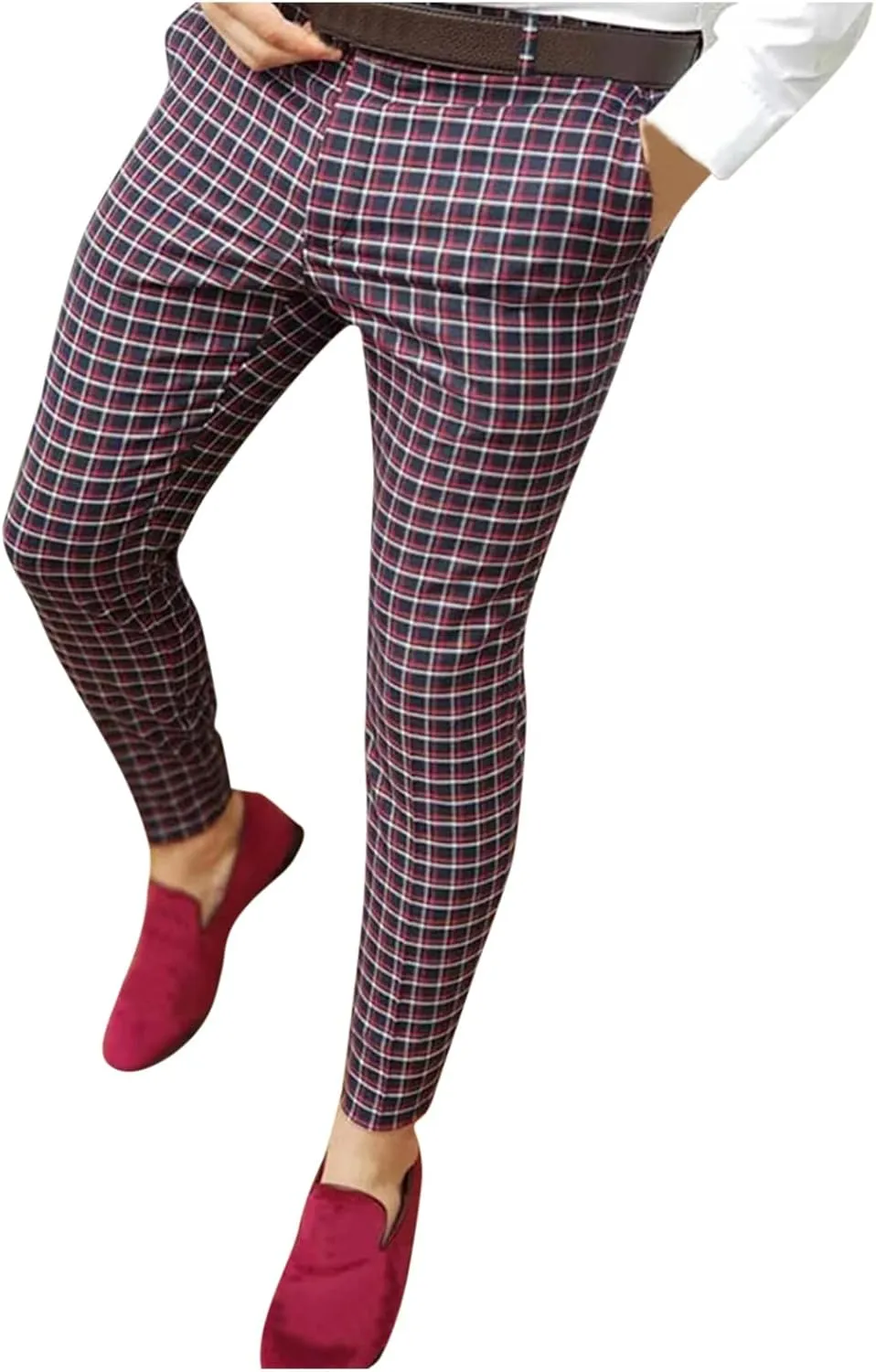 Mens Casual Plaid Pants Fashion Retro Tapered Stretch Slim Fit Business Dress Chino Pants Formal Lightweight Pants