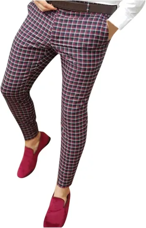 Mens Casual Plaid Pants Fashion Retro Tapered Stretch Slim Fit Business Dress Chino Pants Formal Lightweight Pants