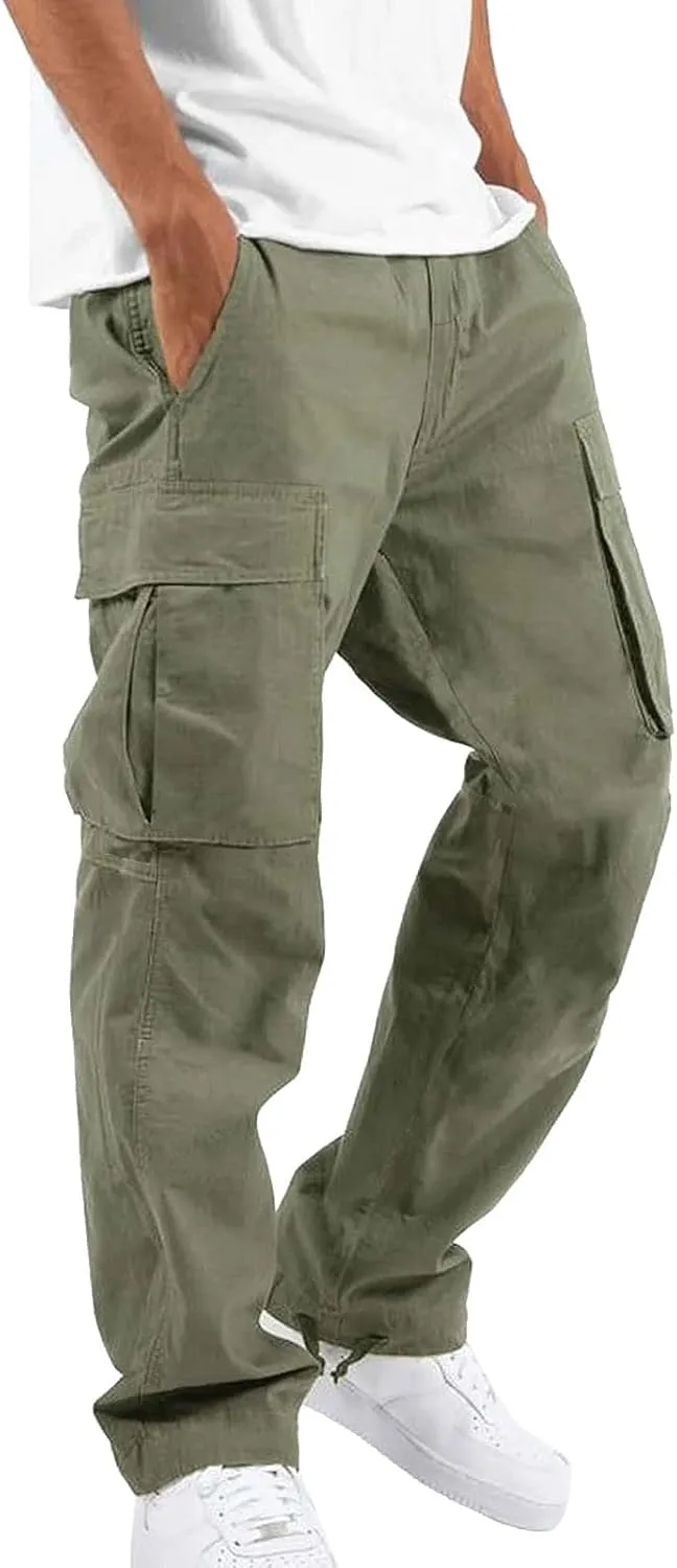 Mens Casual Waist Color Sports Cargo Pants Outdoor Wearing Pants with Pockets Joggers Loose Fit Hiking Trousers