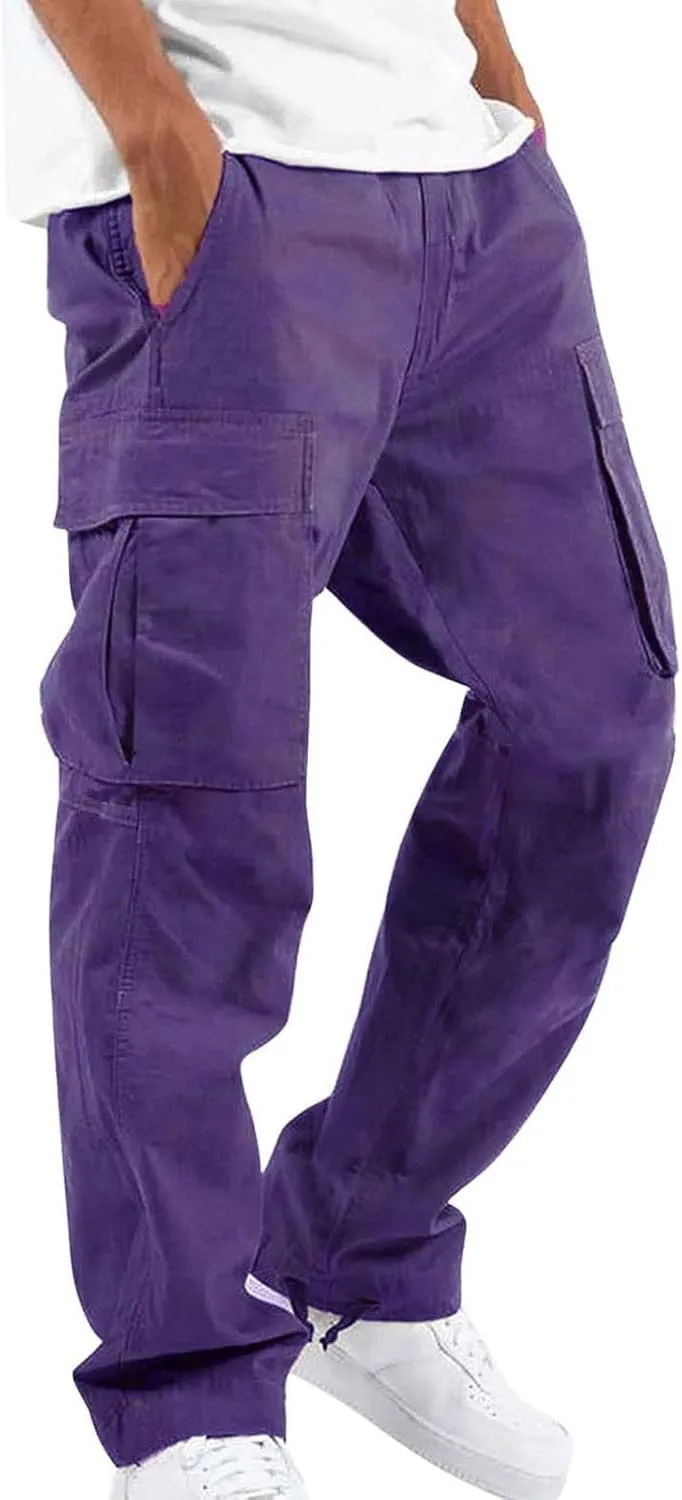 Mens Casual Waist Color Sports Cargo Pants Outdoor Wearing Pants with Pockets Joggers Loose Fit Hiking Trousers