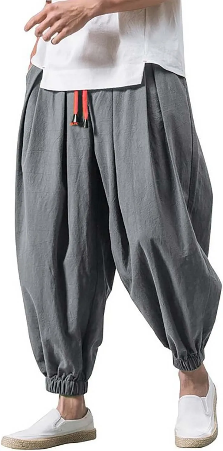 Mens Cotton Linen Harem Pants Drawstring Elastic Waist Casual Beach Yoga Crop Trousers Big and Tall Wide Leg Pant for Men