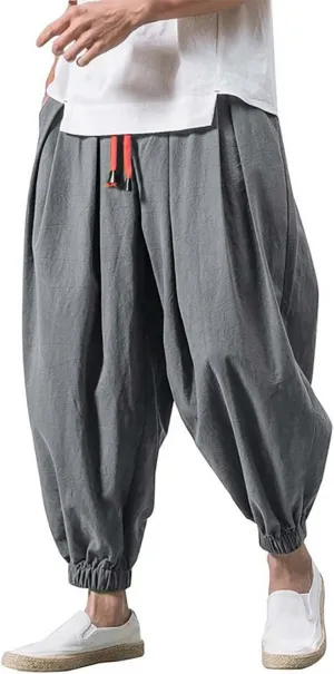 Mens Cotton Linen Harem Pants Drawstring Elastic Waist Casual Beach Yoga Crop Trousers Big and Tall Wide Leg Pant for Men