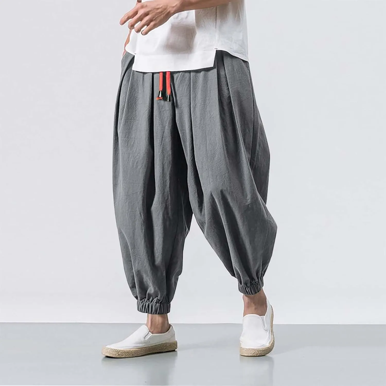 Mens Cotton Linen Harem Pants Drawstring Elastic Waist Casual Beach Yoga Crop Trousers Big and Tall Wide Leg Pant for Men