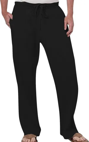 Mens Cotton Pants Casual Elastic Waist Drawstring Lightweight Summer Beach Trousers with Pockets, Tactical Pants for Men