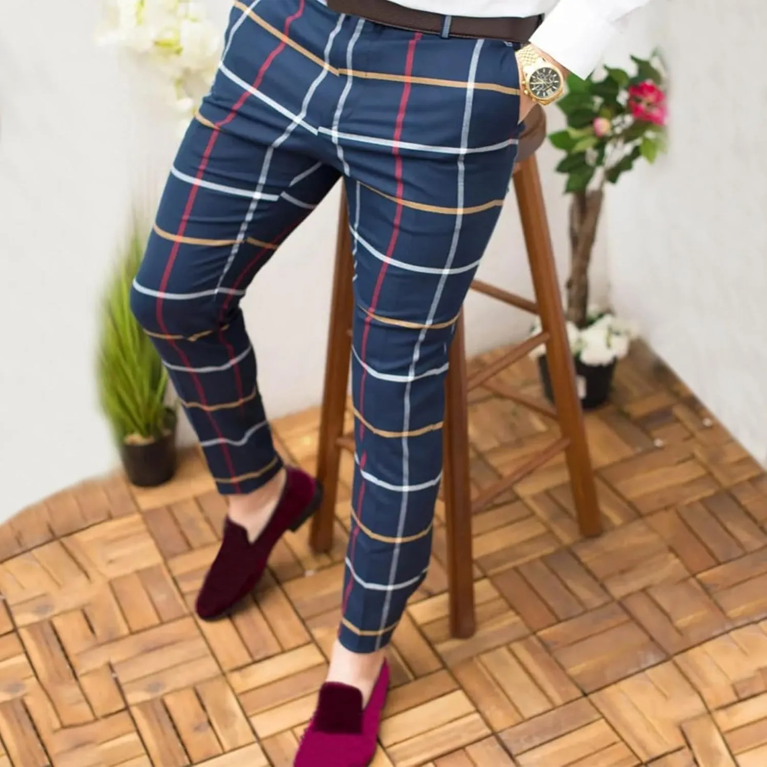 Mens Dress Pants Plaid Skinny Slim Fit Dress Pants Casual Work Business Fashion Golf Pencil Pants Stretch Tapered Suit Pants