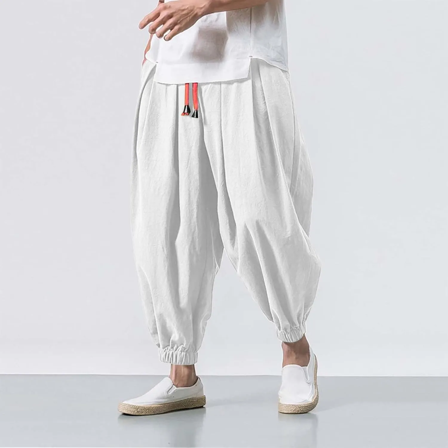 Mens Fashion Casual Loose Solid Color Harem Pants Wide Leg Elasticated Pants Trousers Yoga Beach Pants with Pockets
