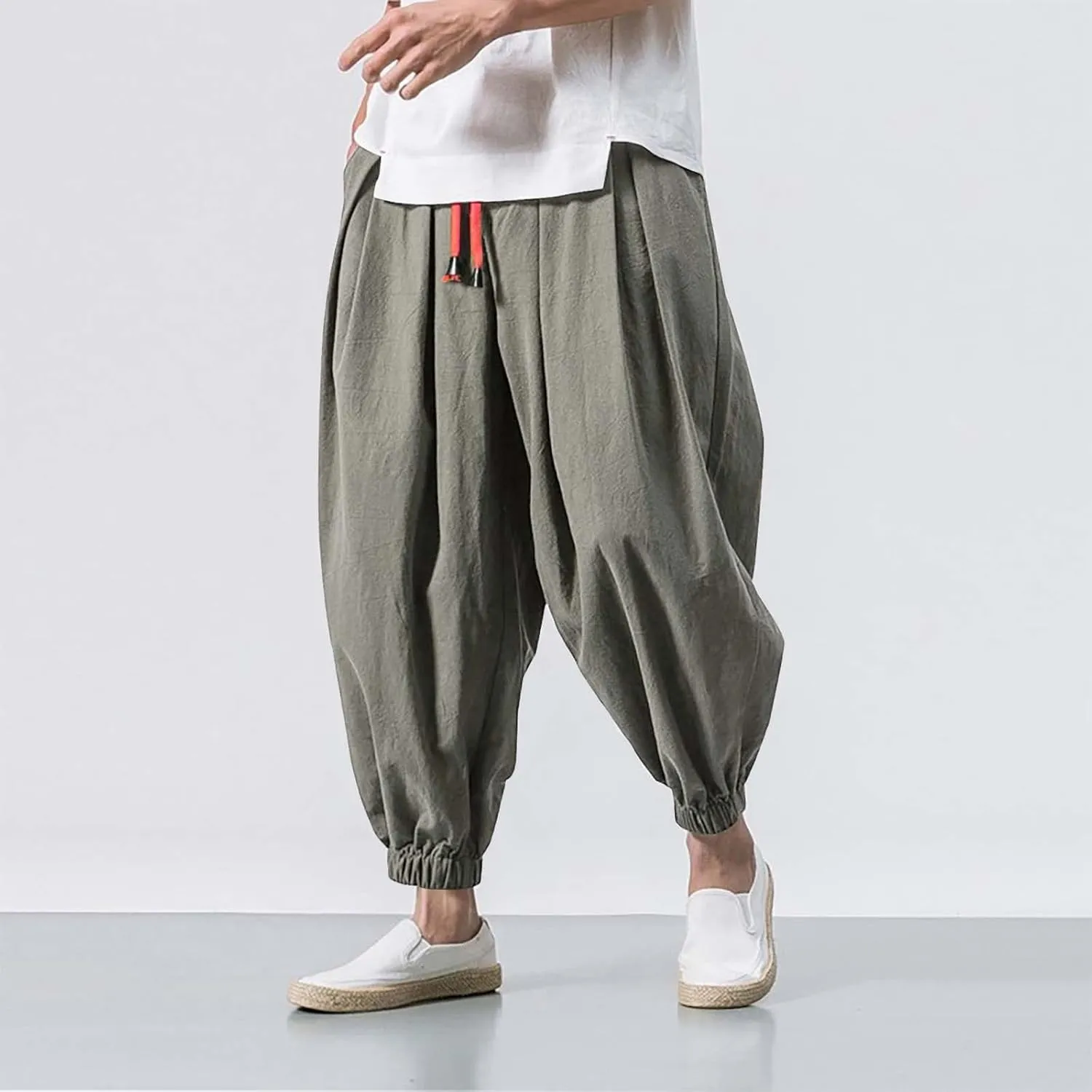 Mens Fashion Casual Loose Solid Color Harem Pants Wide Leg Elasticated Pants Trousers Yoga Beach Pants with Pockets