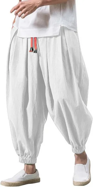 Mens Fashion Casual Loose Solid Color Harem Pants Wide Leg Elasticated Pants Trousers Yoga Beach Pants with Pockets