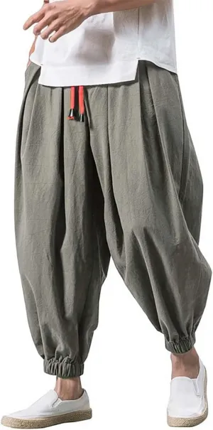 Mens Fashion Casual Loose Solid Color Harem Pants Wide Leg Elasticated Pants Trousers Yoga Beach Pants with Pockets