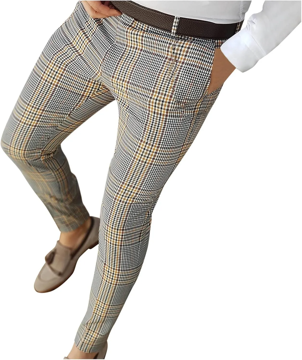 Mens Fashion Dress Pants Plaid Skinny Slim Fit Suit Pants Stretch Regular Fit Business Casual Floral Pencil Chinos Pants