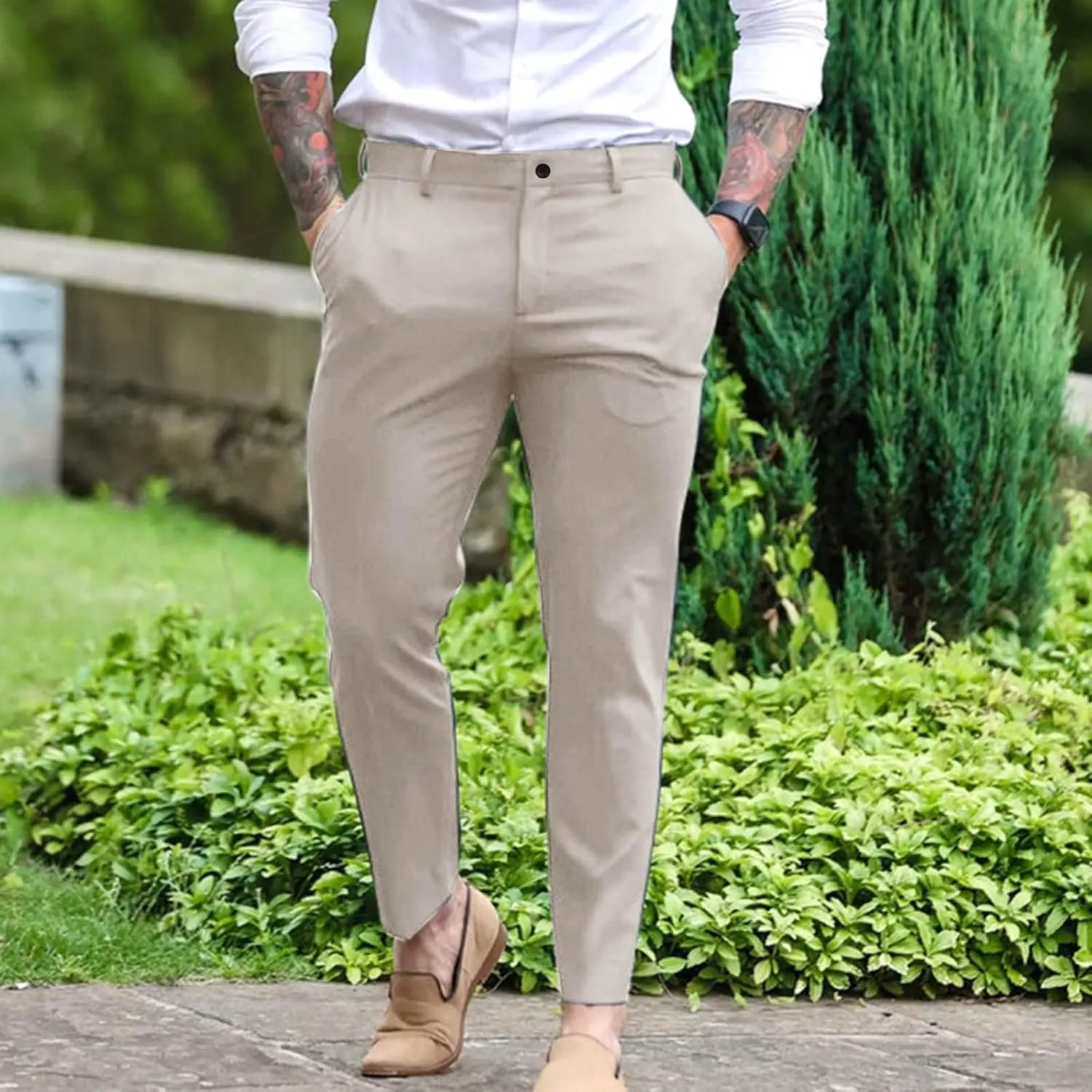 Mens Formal Dress Pants Casual Business Work Suit Pants Comfort Stretch Chino Golf Pants Slim Fit Tapered Lounge Trousers