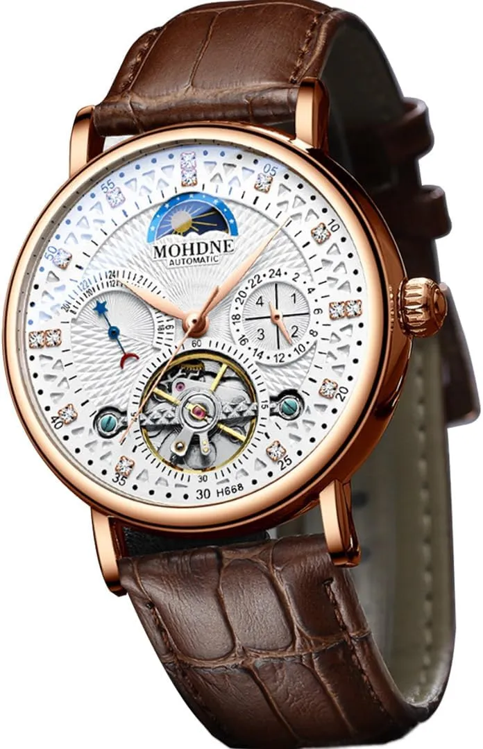 Men's Fully Automatic Mechanical Watch with Multifunctional Lunar Phase Display, Waterproof Mechanical Watch, Outdoor Compass Hollow Out Watch