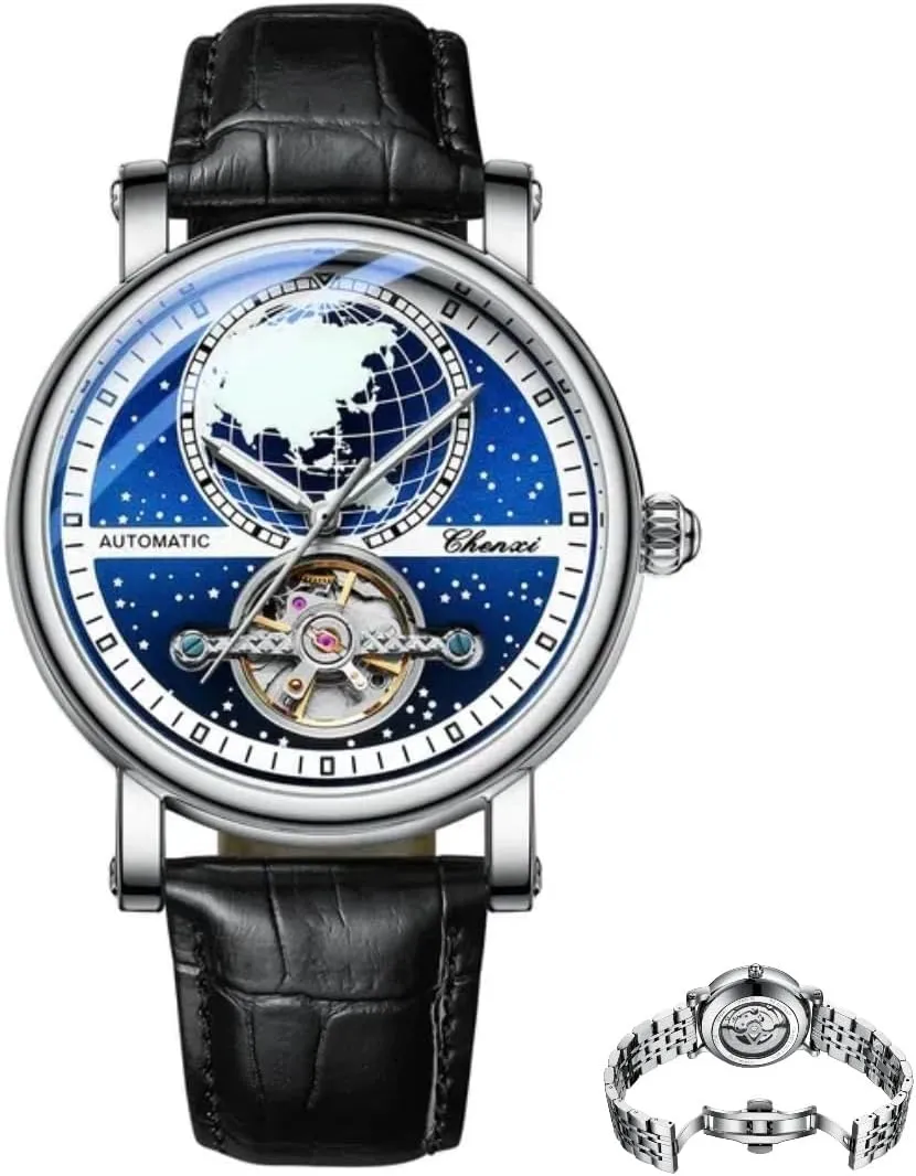 Men's Fully Automatic Starry Sky Mechanical Wristwatch with Waterproof Leather Strap, World Map Hollowed Out Luminous Dial, Men's Wristwatch