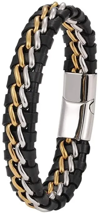 Men's Genuine Leather Double Chain Cuff Bracelet Stainless Steel Buckle Black Gold Braided Bracelet And Bangle Jewelry JN5T2 (Steel steel gold-22cm)