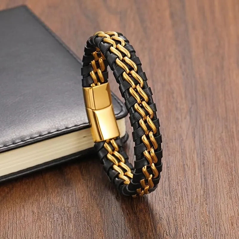 Men's Genuine Leather Double Chain Cuff Bracelet Stainless Steel Buckle Black Gold Braided Bracelet And Bangle Jewelry JN5T2 (Steel steel steel-18.5cm)