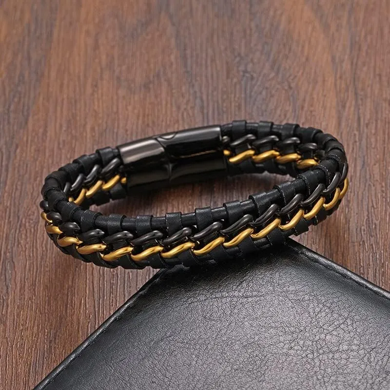 Men's Genuine Leather Double Chain Cuff Bracelet Stainless Steel Buckle Black Gold Braided Bracelet And Bangle Jewelry JN5T2 (Steel steel steel-18.5cm)