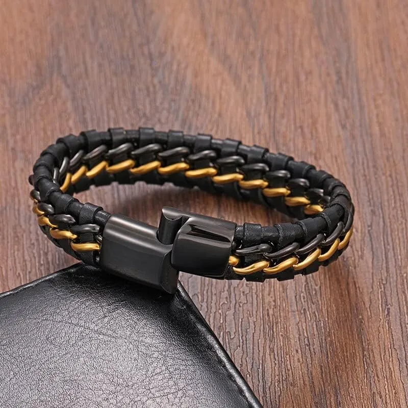 Men's Genuine Leather Double Chain Cuff Bracelet Stainless Steel Buckle Black Gold Braided Bracelet And Bangle Jewelry JN5T2 (Steel steel steel-18.5cm)