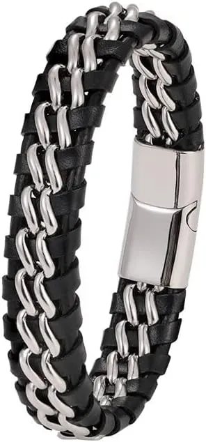 Men's Genuine Leather Double Chain Cuff Bracelet Stainless Steel Buckle Black Gold Braided Bracelet And Bangle Jewelry JN5T2 (Steel steel steel-18.5cm)