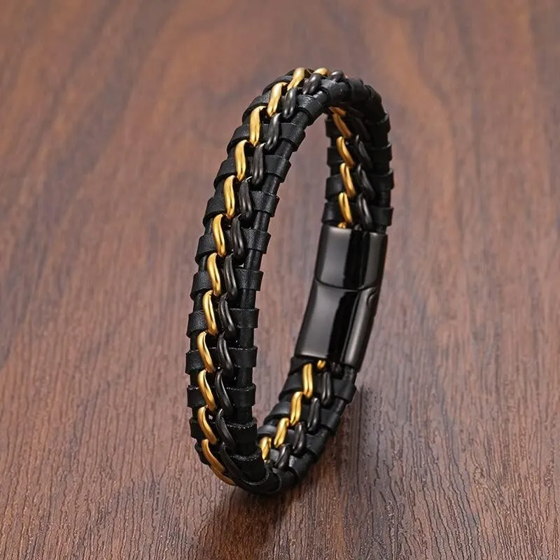 Men's Genuine Leather Double Chain Cuff Bracelet Stainless Steel Buckle Black Gold Braided Bracelet And Bangle Jewelry JN5T2 (Steel steel steel-18.5cm)