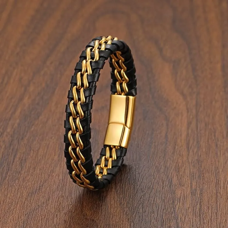 Men's Genuine Leather Double Chain Cuff Bracelet Stainless Steel Buckle Black Gold Braided Bracelet And Bangle Jewelry JN5T2 (Steel steel steel-18.5cm)
