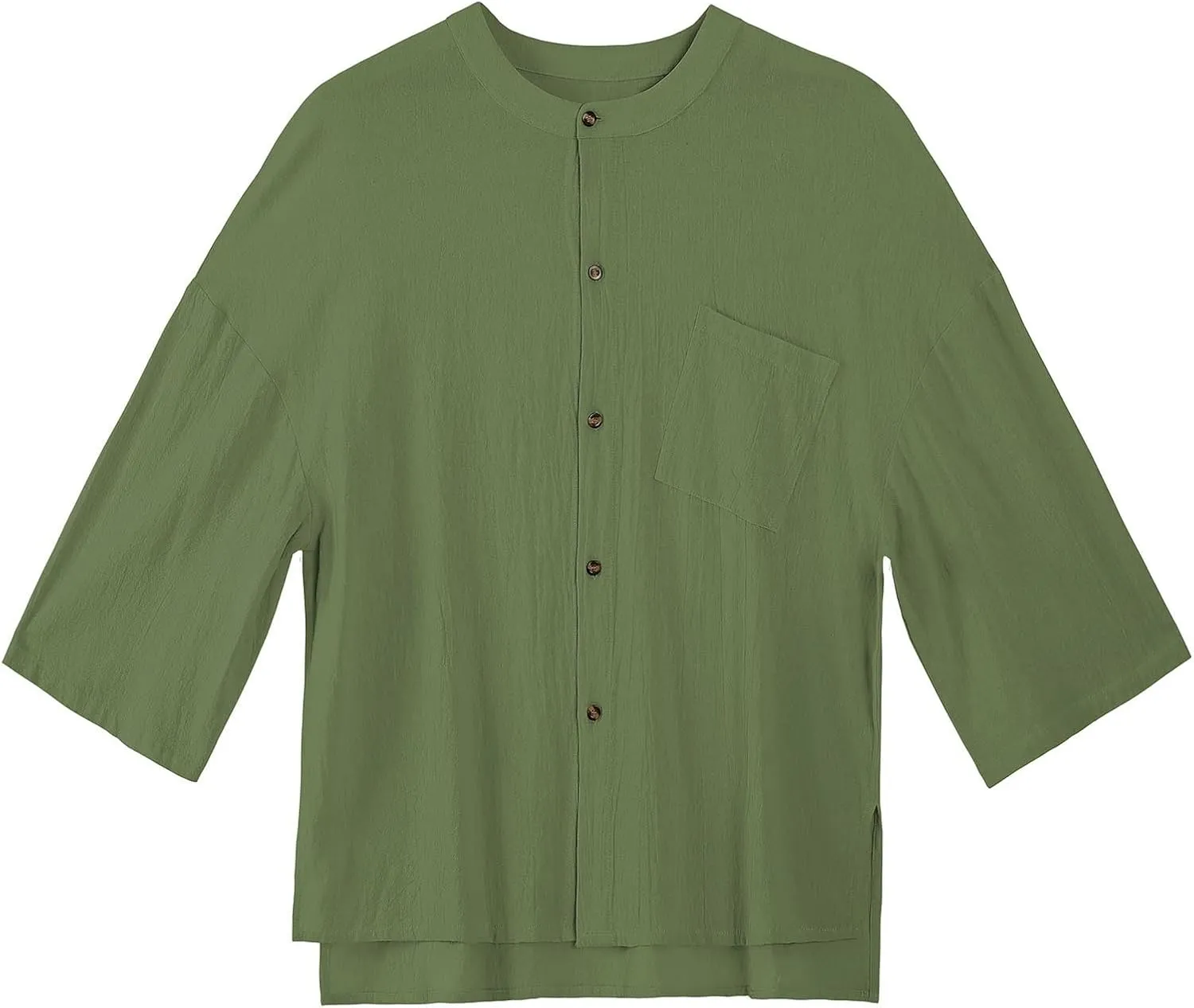 Men's Long Sleeve Cotton Linen Shirt Solid Color Button Down Shirts Summer Beach Shirt Casual Round-Neck Blouse Tops