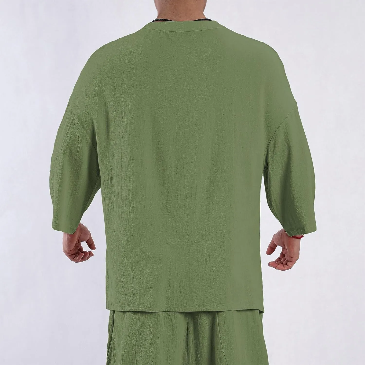Men's Long Sleeve Cotton Linen Shirt Solid Color Button Down Shirts Summer Beach Shirt Casual Round-Neck Blouse Tops