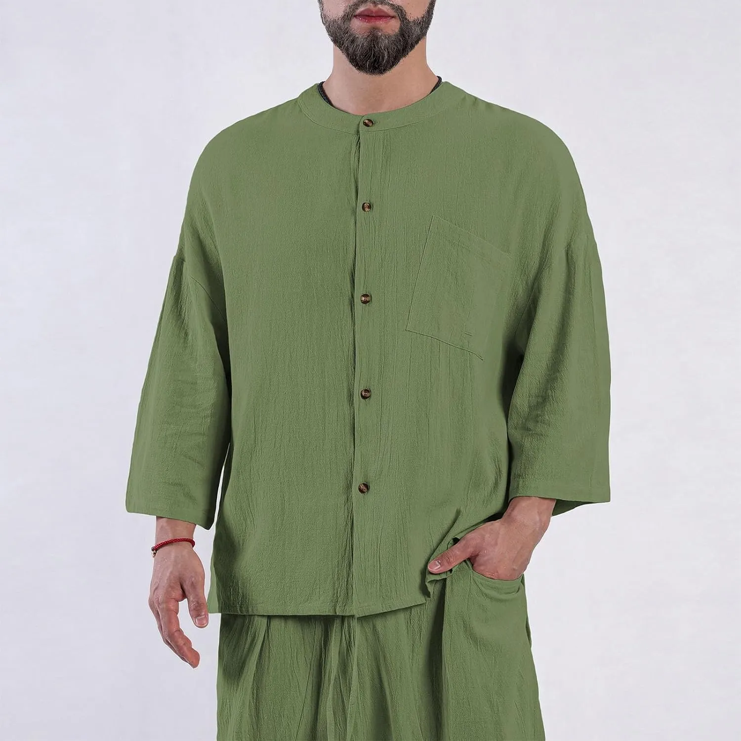 Men's Long Sleeve Cotton Linen Shirt Solid Color Button Down Shirts Summer Beach Shirt Casual Round-Neck Blouse Tops