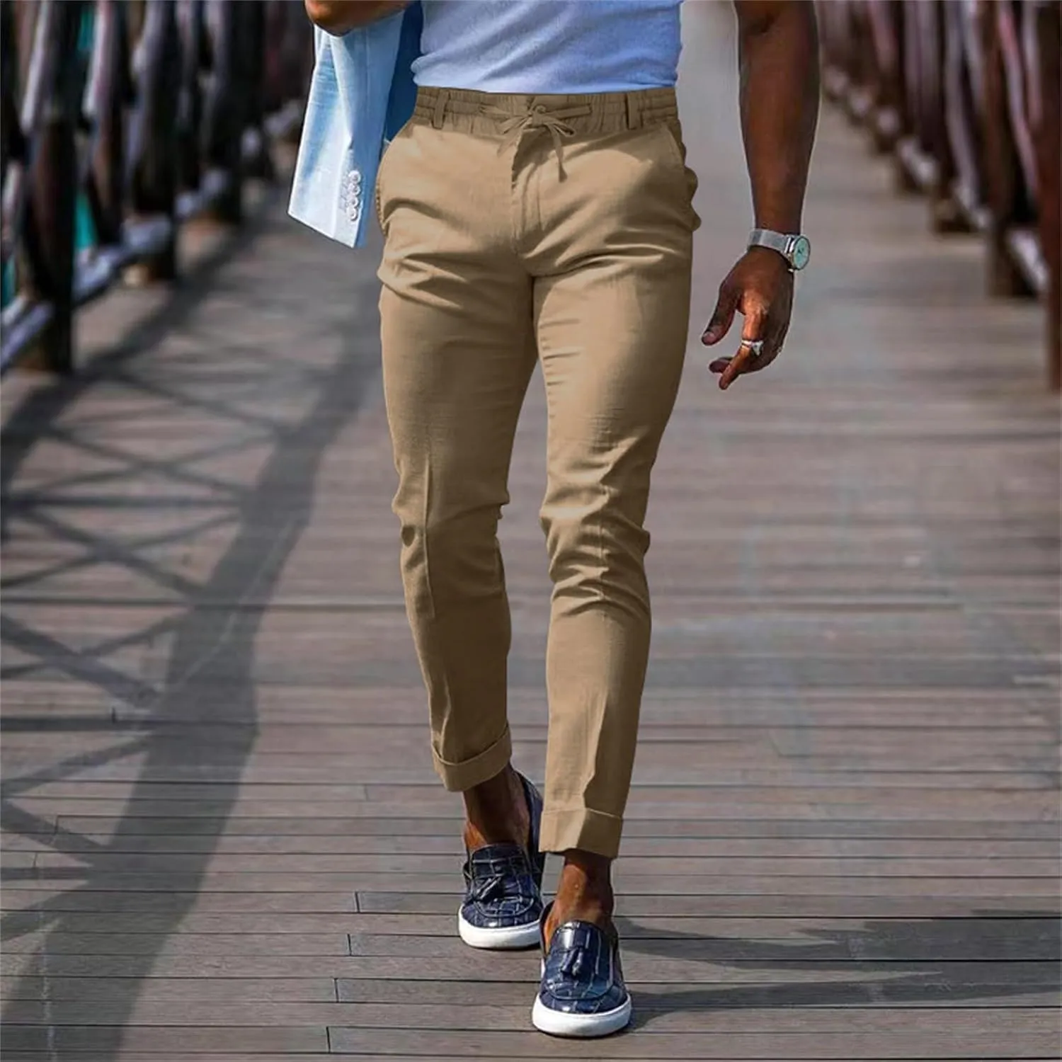 Men's Slim-Fit Flat-Front Stretch Chino Pants Casual Business Skinny Stretch Golf Dress Pants Tapered Leg Pencil Ankle Pants