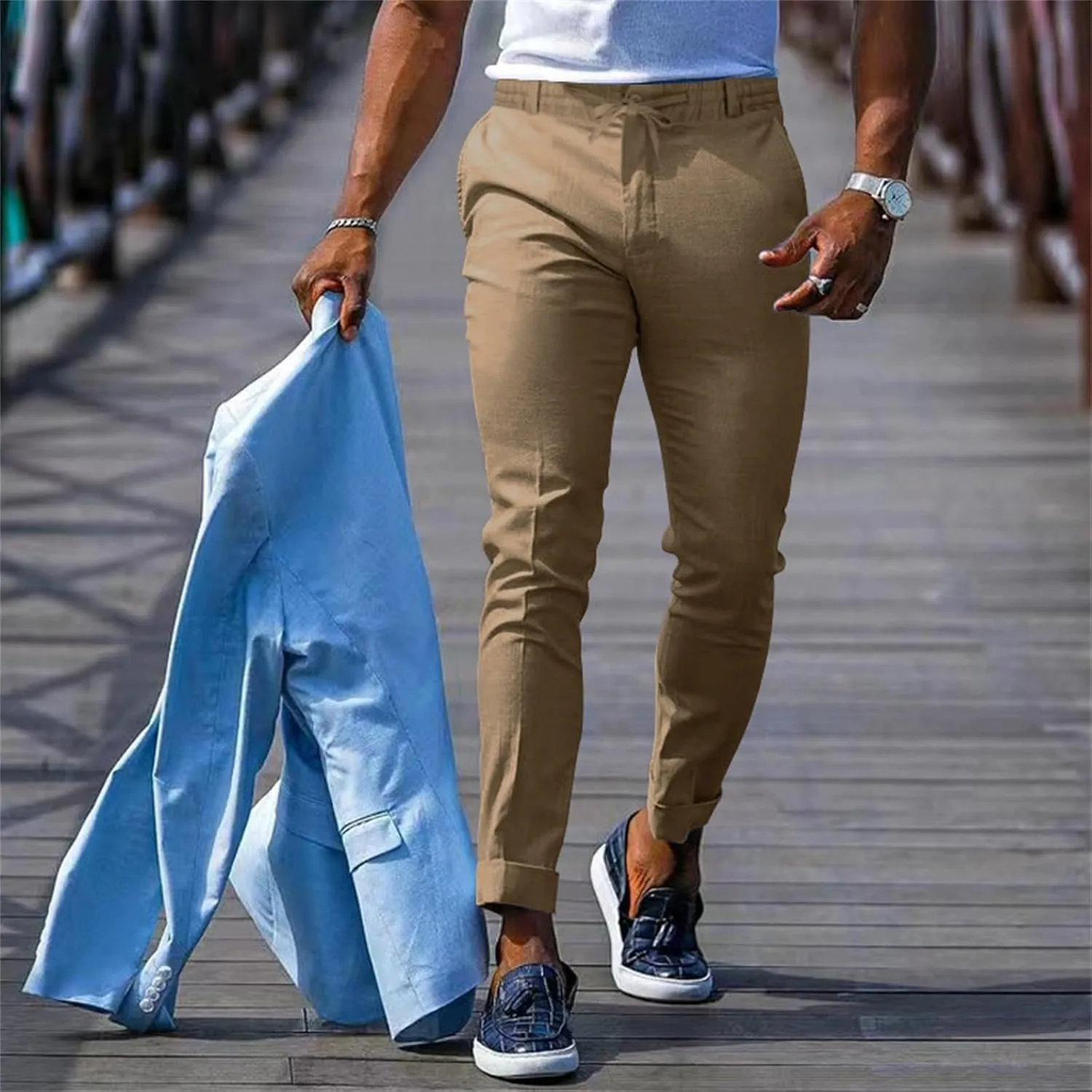 Men's Slim-Fit Flat-Front Stretch Chino Pants Casual Business Skinny Stretch Golf Dress Pants Tapered Leg Pencil Ankle Pants