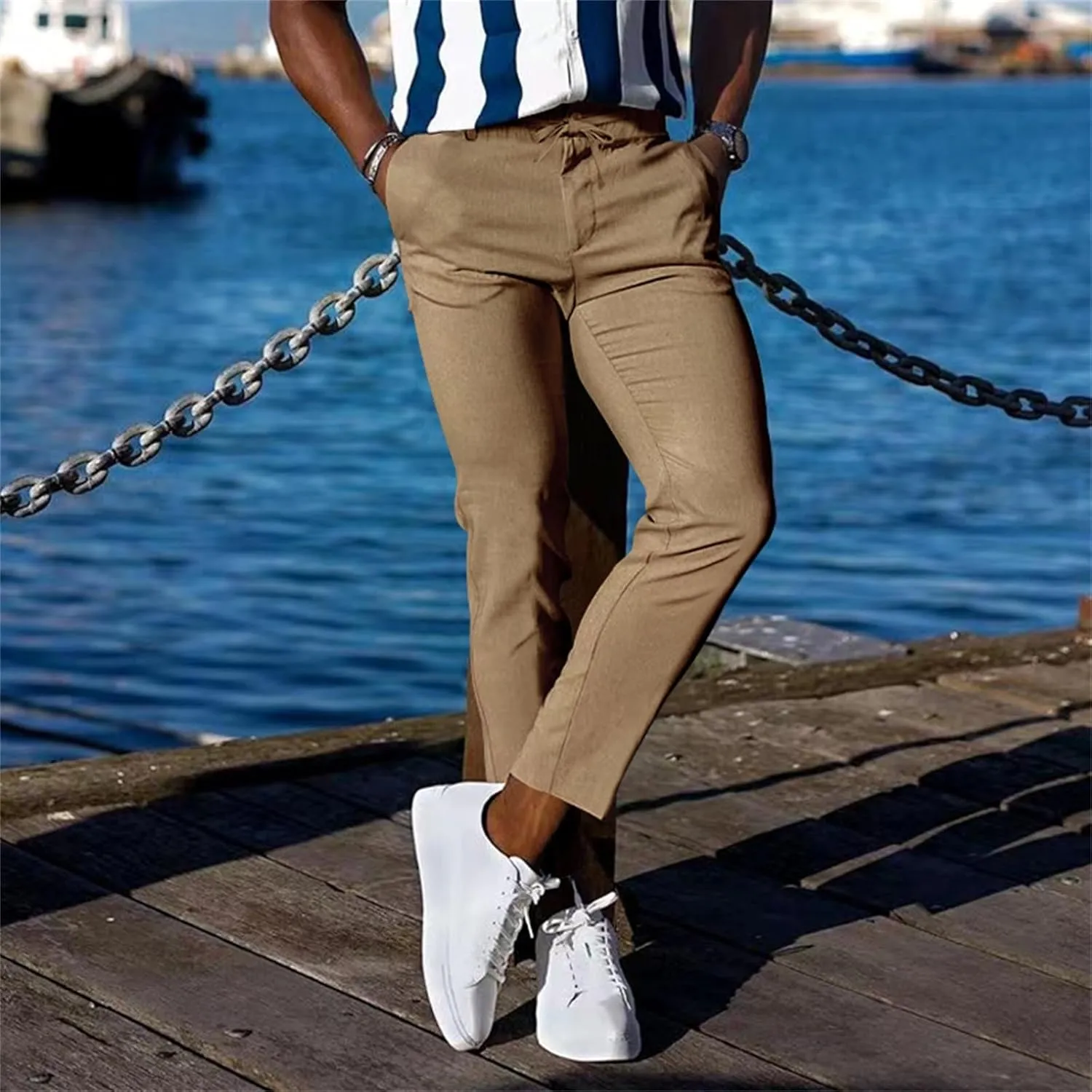 Men's Slim-Fit Flat-Front Stretch Chino Pants Casual Business Skinny Stretch Golf Dress Pants Tapered Leg Pencil Ankle Pants