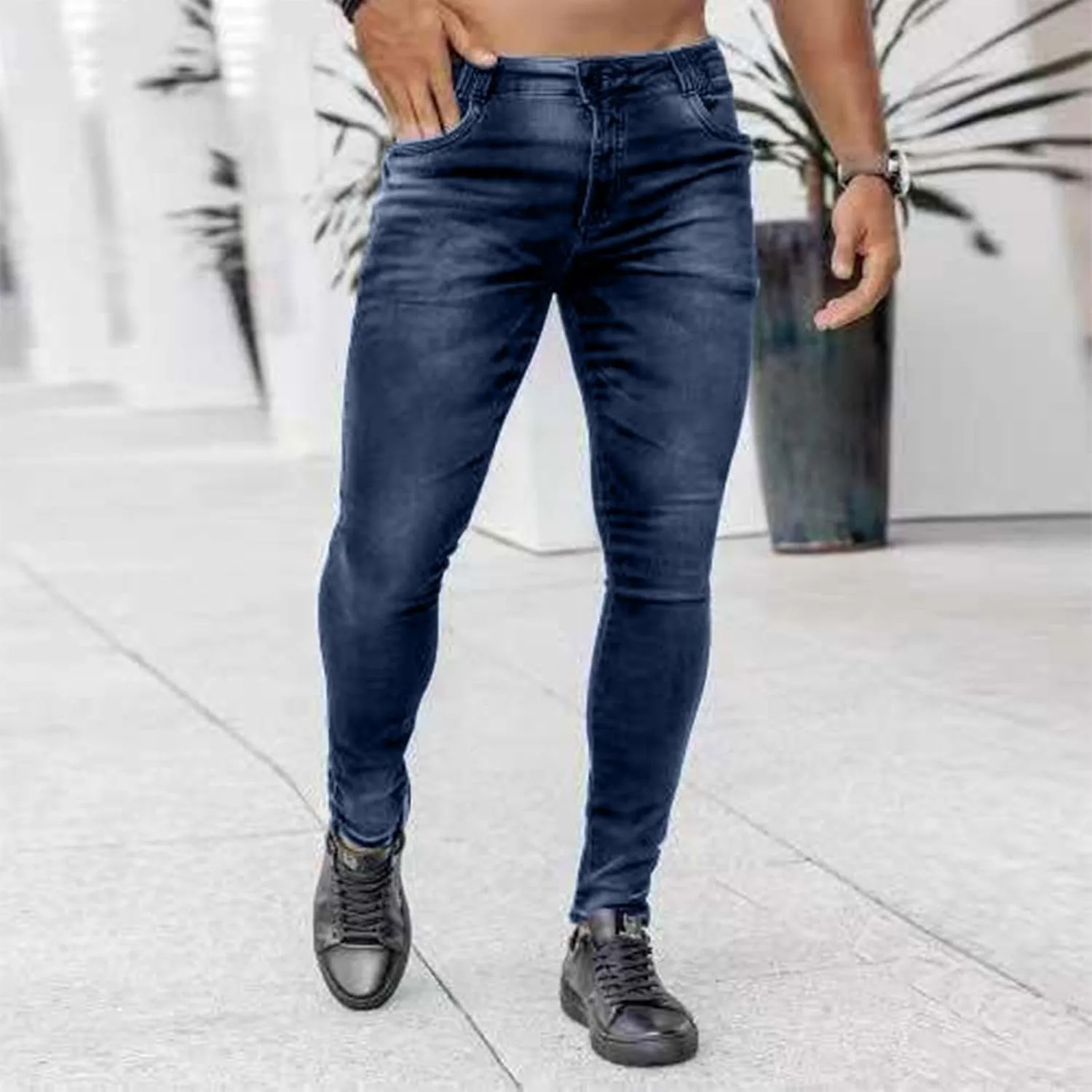 Mens Slim Fit Skinny Denim Pants Straight Leg Vintage Distressed Casual Jeans Classic Biker Jean Outdoor Streetwear Trousers
