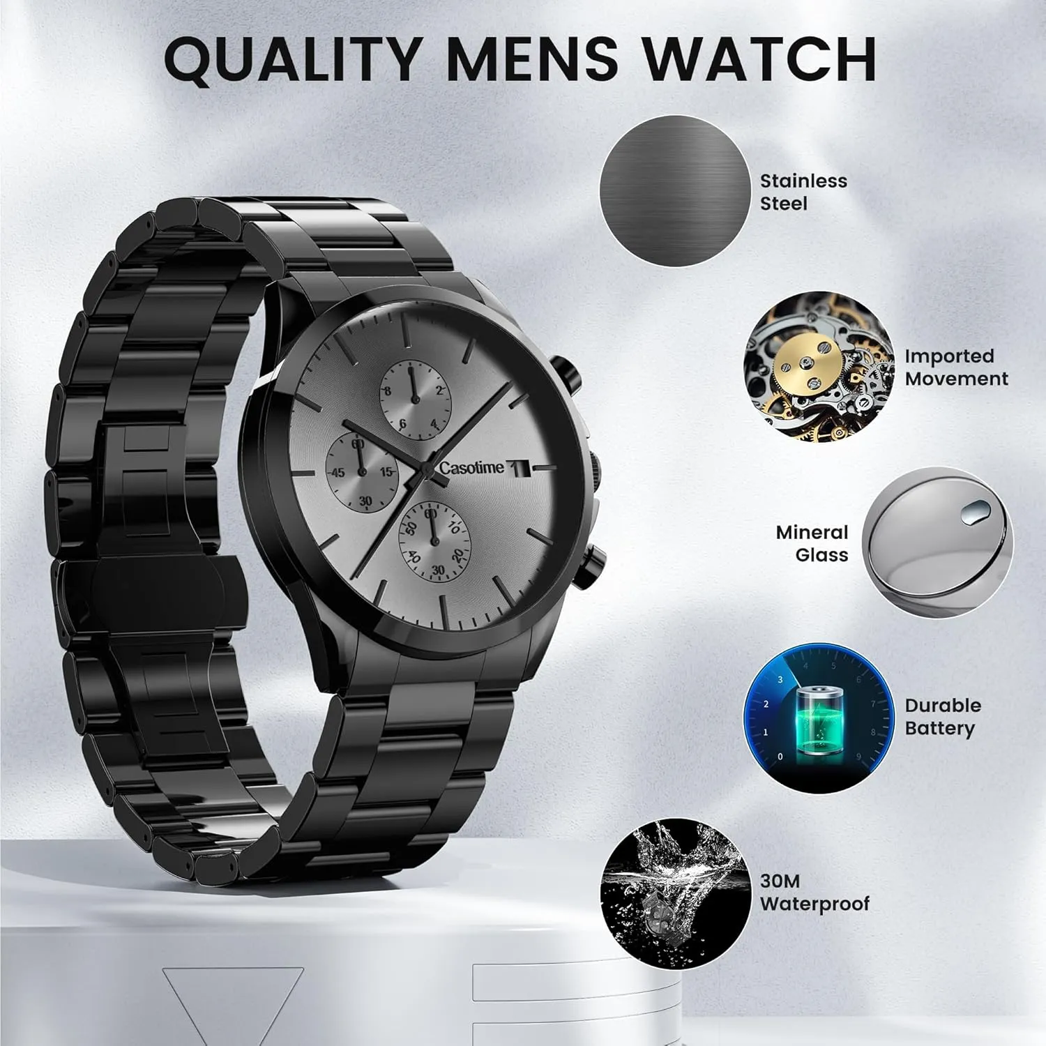 Men's Stainless Steel Chronograph Watch 30M Waterproof Analog Quartz Date Display, Luxury Casual Classic Fashion Dress Watch with Stainless Steel Band, Elegant Gift for Men
