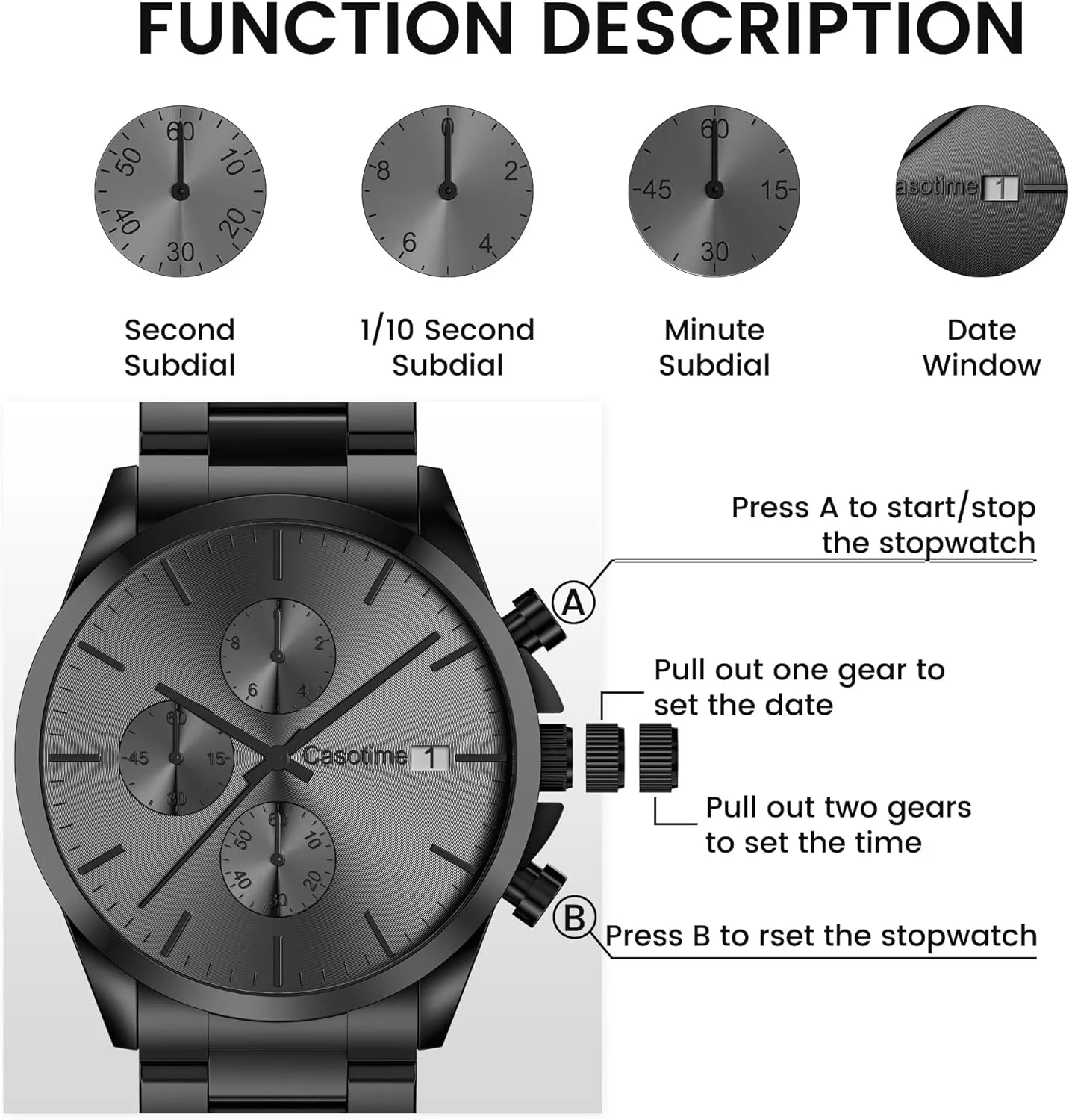 Men's Stainless Steel Chronograph Watch 30M Waterproof Analog Quartz Date Display, Luxury Casual Classic Fashion Dress Watch with Stainless Steel Band, Elegant Gift for Men