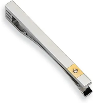 Mens Tie Bar in Stainless Steel with 24K Gold Accent and Diamond Accent