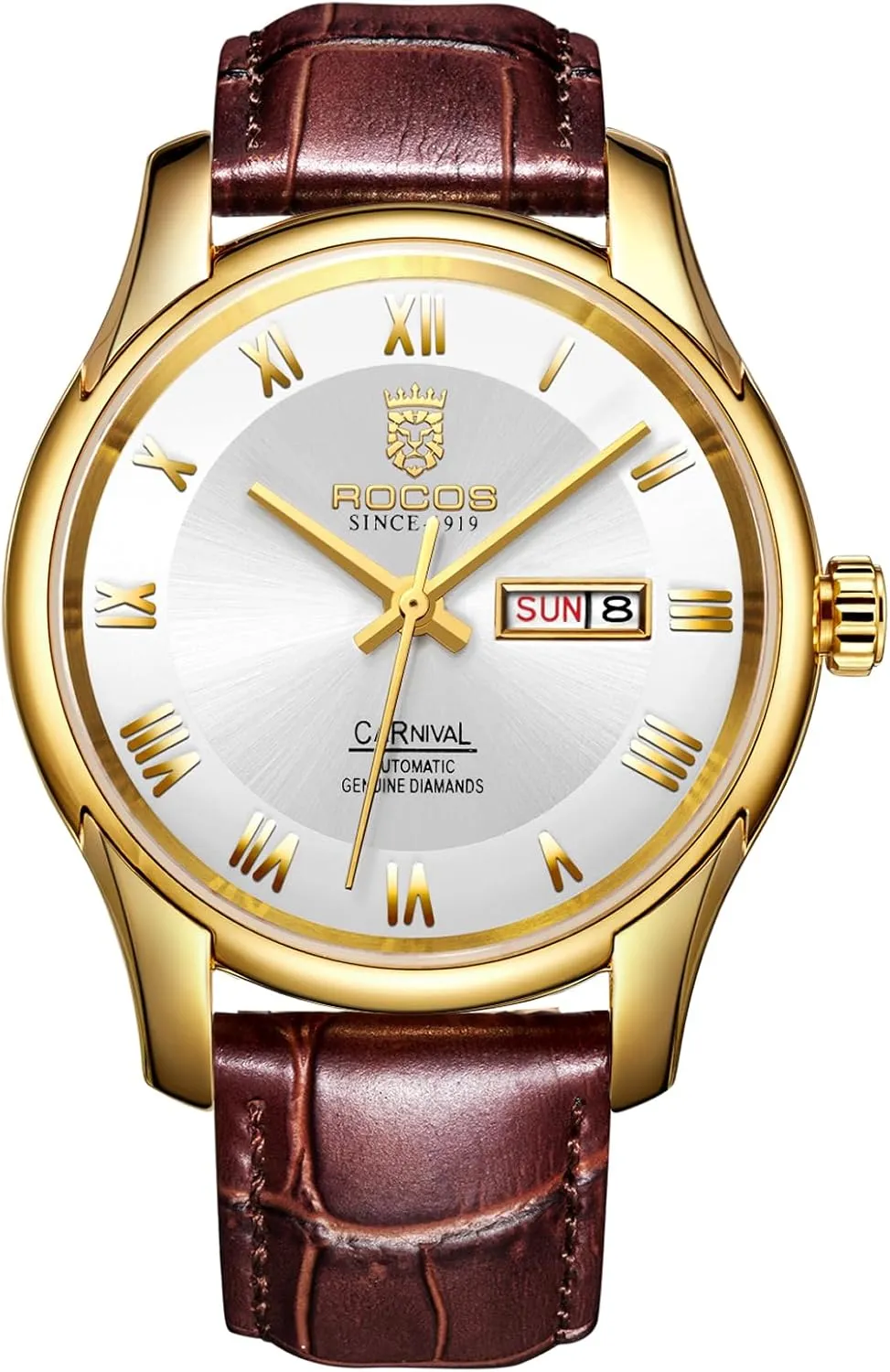 Men's Watch Automatic Mechanical Skeleton Watch Brown Leather Strap Water Resistant Calendar Week Business Luxury Wristwatch Roman Numerals