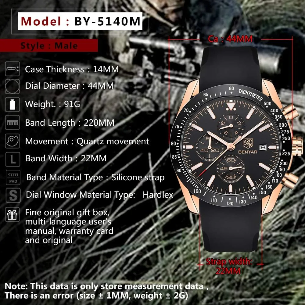 Men's Watches BENAYR Casual Chronograph Analog Quartz Waterproof Sports Watches Rubber Strap Business Wrist Watches for Men