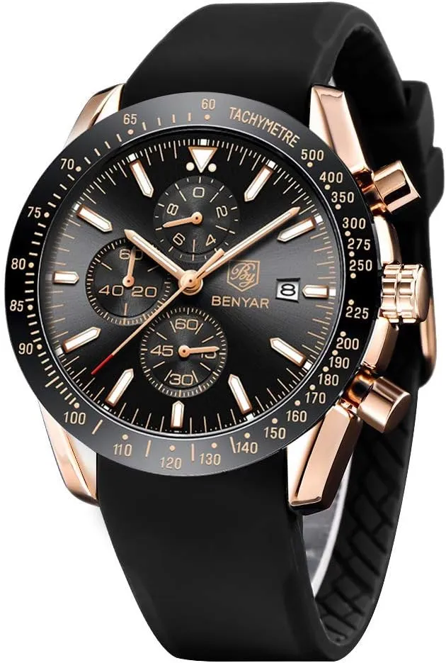 Men's Watches BENAYR Casual Chronograph Analog Quartz Waterproof Sports Watches Rubber Strap Business Wrist Watches for Men