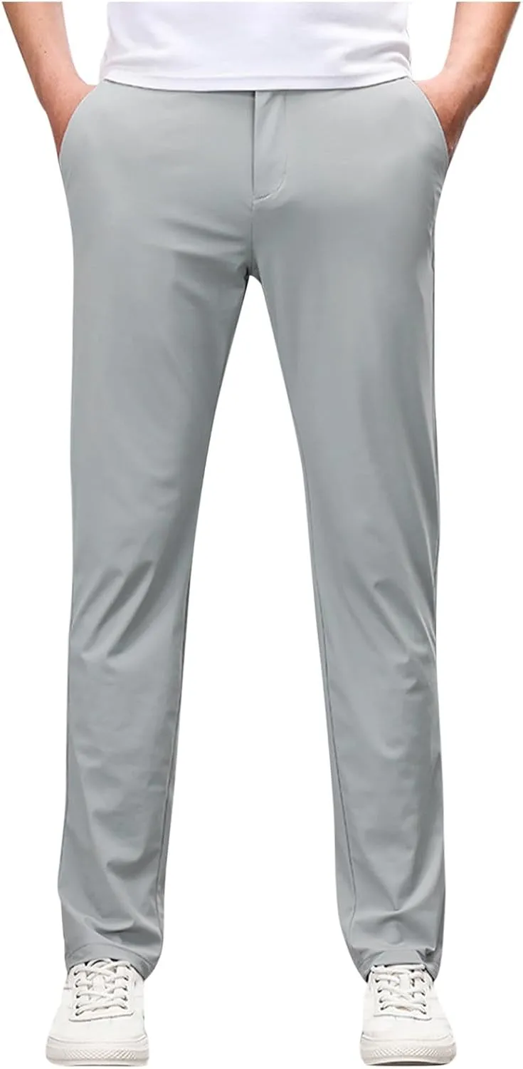 Men's Zipper Suit Pants Solid Color Straight Slim Fit Business Pants Lightweight Comfort Trousers with Pockets
