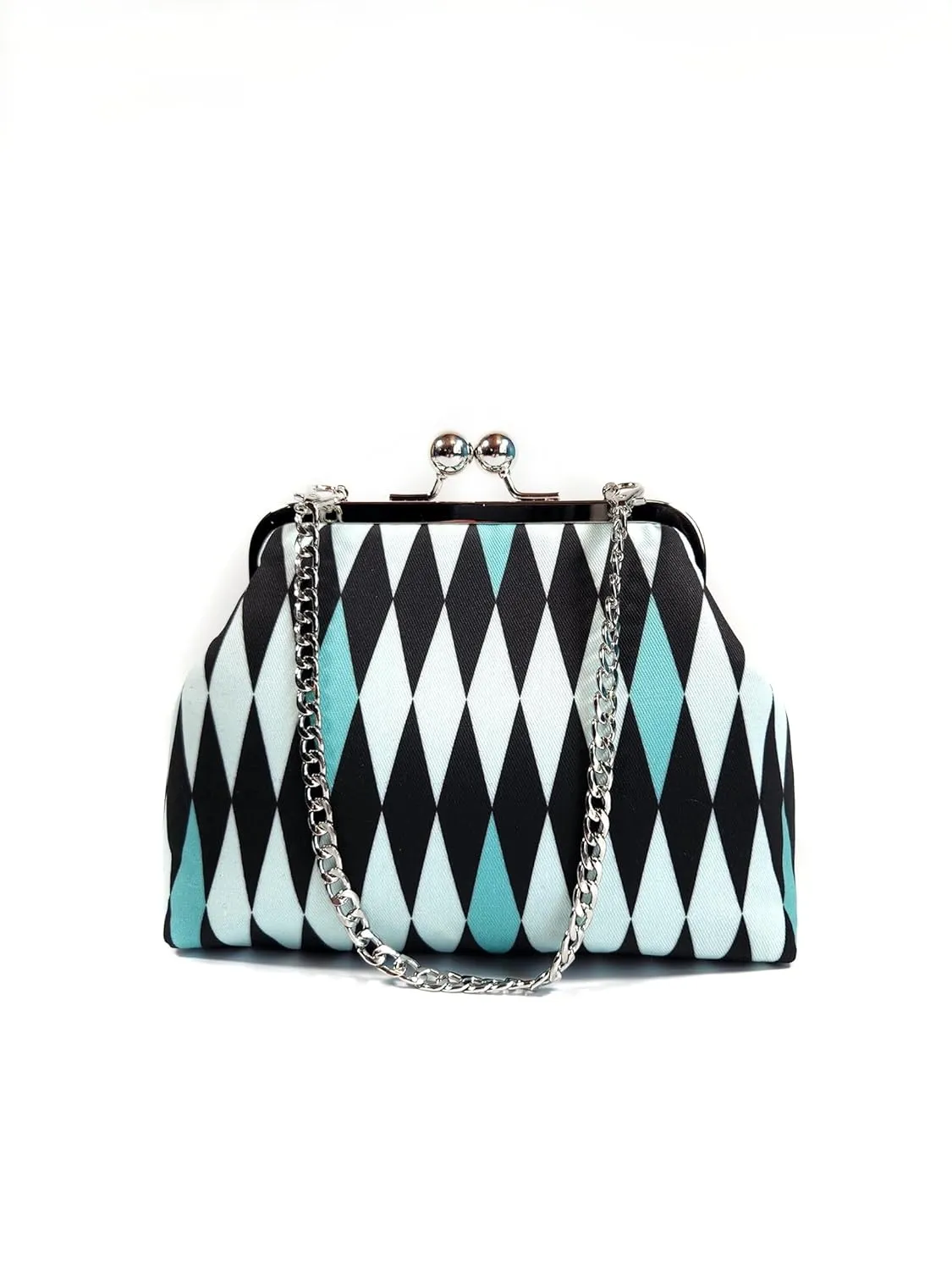 Mid Century Turquoise Harlequin Kisslock Clutch, Retro Evening Bag with Chain, Novelty Purse, Gift for Women