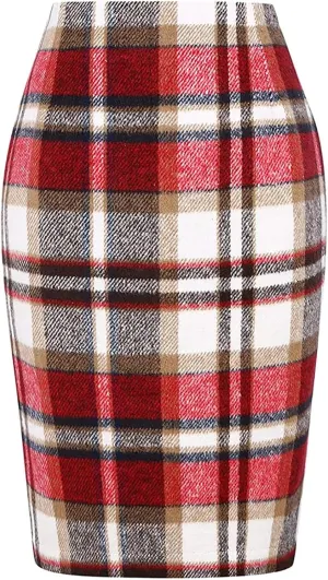 Midi Plaid Skirts for Women High Waisted Knee Length Wool Skirt 2024 Trendy Slim Fit Fall Winter Bodycon Wrap Skirt