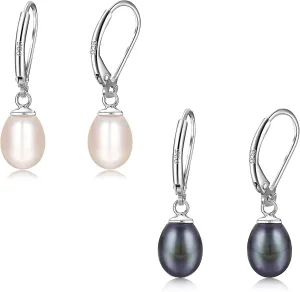 Milacolato 925 Sterling Silver Pearl Dangle Earrings for Women 14K White Gold Plated Leverback Earrings AAAAA Quality Genuine Freshwater Cultured Pearl Drop Earrings